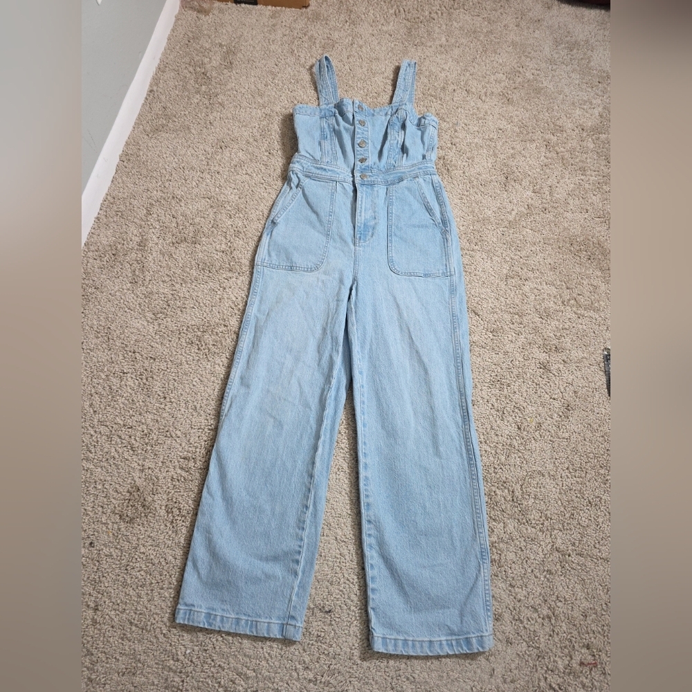 Madewell Denim Stitched Strap Jumpsuit Size 0 Light Wash - Picture 3 of 12